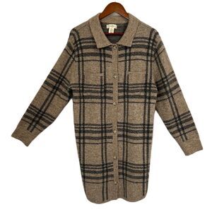 Jessica Simpson Cardigan Women XL Tan Blue Long Wool Pocket Plaid Boho Preppy